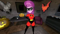 Size: 1920x1080 | Tagged: safe, artist:oatmeal!, derpibooru import, cheerilee, party favor, human, equestria girls, 3d, accessory swap, candy, clothes, costume, decoration, elastigirl, food, gmod, halloween, halloween costume, hand on hip, holiday, image, jack-o-lantern, looking at you, mask, png, pumpkin, sexy, socks, solo, spread legs, spreading, standing, superhero, thigh highs, wide hips