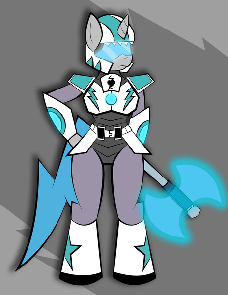 Size: 2550x3300 | Tagged: safe, artist:vareb, derpibooru import, oc, oc:tango starfall, anthro, pony, unicorn, armor, armored pony, axe, blue tail, female, helmet, hips, image, laser axe, mare, png, power armor, science fiction, solo, tail, visor, weapon