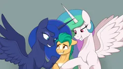 Size: 2500x1406 | Tagged: artist needed, source needed, safe, derpibooru import, hitch trailblazer, princess celestia, princess luna, alicorn, earth pony, pony, g5, bedroom eyes, female, grin, hitch trailblazer gets all the mares, image, imminent sex, male, mare, nervous, nervous grin, png, royal sisters, siblings, simple background, sisters, smiling, spread wings, stallion, sweat, sweatdrop, this will end in snu snu, this will end well, wingboner, wings