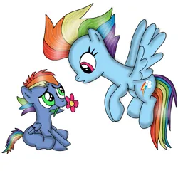 Size: 741x720 | Tagged: safe, artist:dasher666, derpibooru import, rainbow dash, oc, oc:spectrum, pegasus, pony, the last problem, colt, female, flower, foal, image, male, mare, mother and child, mother and son, offspring, older, older rainbow dash, parent:rainbow dash, parent:soarin', parents:soarindash, png