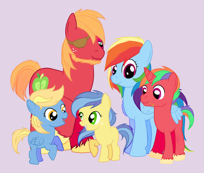 Size: 1691x1433 | Tagged: safe, alternate version, artist:karmadash, derpibooru import, big macintosh, rainbow dash, oc, oc:apple swift, oc:honeycrisp, oc:zappapple, earth pony, pegasus, unicorn, alternate universe, beard, brother and sister, closed mouth, colored hooves, commission, earth pony oc, eyepatch, facial hair, father and child, father and daughter, father and son, female, folded wings, freckles, grin, horn, hug, image, lavender background, male, mother and child, mother and daughter, mother and son, offspring, older, open mouth, parent:big macintosh, parent:rainbow dash, parents:rainbowmac, pegasus oc, png, rainbowmac, raised hoof, rearing, shipping, siblings, simple background, sisters, smiling, standing, straight, twins, unicorn oc, unshorn fetlocks, winghug, wings