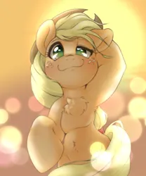 Size: 1668x2001 | Tagged: safe, artist:kurogewapony, derpibooru import, applejack, earth pony, pony, semi-anthro, blushing, bokeh, chest fluff, female, hooves behind head, image, looking at you, mare, png, simple background, smiling, smiling at you, solo