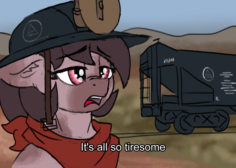 Size: 1488x1063 | Tagged: safe, artist:reddthebat, derpibooru import, oc, oc:number nine, unofficial characters only, earth pony, pony, bandana, bust, dialogue, female, floppy ears, helmet, image, mare, meme, mining helmet, png, ponified meme, ponified reaction image, solo, train car