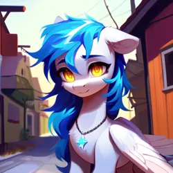Size: 3072x3072 | Tagged: safe, derpibooru import, machine learning generated, stable diffusion, oc, oc:sky slicer, unofficial characters only, pegasus, pony, ai content, blue mane, chest fluff, female, generator:purplesmart.ai, glow, glowing eyes, image, jewelry, jpeg, looking at you, mare, messy mane, necklace, pegasus oc, prompt in description, prompter:skyslicer, sad smile, solo, white body, wings, yellow eyes