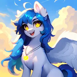 Size: 3072x3072 | Tagged: safe, derpibooru import, machine learning generated, stable diffusion, oc, oc:sky slicer, unofficial characters only, pegasus, pony, ai content, blue mane, chest fluff, cloud, female, generator:purplesmart.ai, glow, glowing eyes, image, jewelry, jpeg, looking at you, mare, messy mane, necklace, pegasus oc, prompt in description, prompter:skyslicer, sky, smiling, smiling at you, solo, white body, wings, yellow eyes