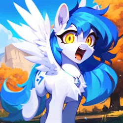 Size: 3072x3072 | Tagged: safe, derpibooru import, machine learning generated, stable diffusion, oc, oc:sky slicer, unofficial characters only, pegasus, pony, ai content, autumn, blue mane, excited, female, forest, generator:purplesmart.ai, glow, glowing eyes, image, jewelry, jpeg, looking at you, mare, messy mane, necklace, open mouth, pegasus oc, prompt in description, prompter:skyslicer, solo, tree, white body, wings, yellow eyes