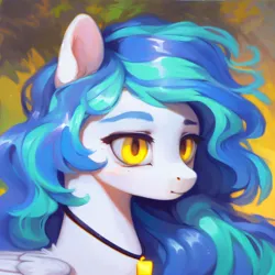 Size: 3072x3072 | Tagged: safe, derpibooru import, machine learning generated, stable diffusion, oc, oc:sky slicer, unofficial characters only, pegasus, pony, ai content, blue mane, dgaf, female, generator:purplesmart.ai, glow, glowing eyes, image, jewelry, jpeg, mare, meh, messy mane, necklace, neutral, pegasus oc, prompt in description, prompter:skyslicer, solo, white body, wings, yellow eyes
