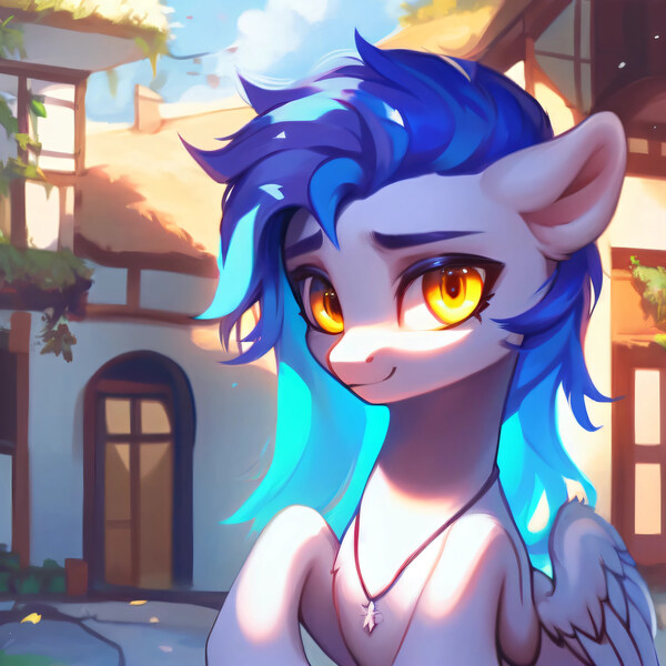 Size: 3072x3072 | Tagged: safe, derpibooru import, machine learning generated, stable diffusion, oc, oc:sky slicer, unofficial characters only, pegasus, pony, ai content, blue mane, female, generator:purplesmart.ai, glow, glowing eyes, image, jewelry, jpeg, looking at you, mare, messy mane, necklace, pegasus oc, prompt in description, prompter:skyslicer, smiling, smiling at you, solo, town, white body, wings, yellow eyes