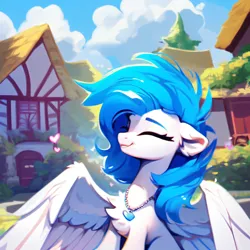 Size: 3072x3072 | Tagged: safe, derpibooru import, machine learning generated, stable diffusion, oc, oc:sky slicer, unofficial characters only, pegasus, pony, ai content, blue mane, eyes closed, female, generator:purplesmart.ai, grin, image, jewelry, jpeg, large wings, mare, messy mane, necklace, pegasus oc, ponyville, prompt in description, prompter:skyslicer, smiling, solo, white body, wings