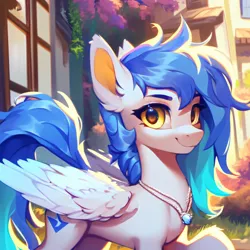 Size: 3072x3072 | Tagged: safe, derpibooru import, machine learning generated, stable diffusion, oc, oc:sky slicer, unofficial characters only, pegasus, pony, ai content, blue mane, female, generator:purplesmart.ai, image, jewelry, jpeg, large wings, looking at you, mare, messy mane, necklace, pegasus oc, prompt in description, prompter:skyslicer, smiling, smiling at you, solo, white body, wings, yellow eyes