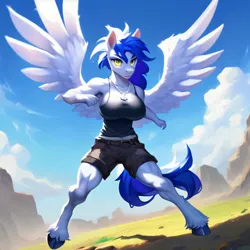 Size: 3072x3072 | Tagged: safe, derpibooru import, machine learning generated, stable diffusion, oc, oc:sky slicer, unofficial characters only, anthro, pegasus, pony, ai content, big breasts, blue mane, breasts, clothes, female, generator:purplesmart.ai, hooves, image, jewelry, jpeg, large wings, mare, messy mane, muscles, muscular female, necklace, pegasus oc, prompt in description, prompter:skyslicer, sad smile, shorts, solo, tanktop, white body, wings, yellow eyes