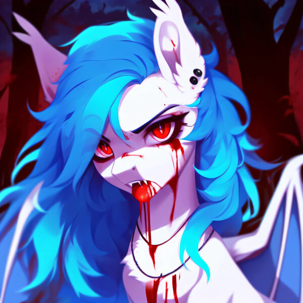 Size: 3072x3072 | Tagged: questionable, derpibooru import, machine learning generated, stable diffusion, oc, oc:sky slicer, unofficial characters only, bat pony, pony, undead, vampire, vampony, ai content, bat ponified, bat pony oc, bat wings, blood, bloody mouth, blue mane, crying, ear piercing, fangs, female, generator:purplesmart.ai, image, jewelry, jpeg, looking at you, mare, messy mane, necklace, piercing, prompt in description, prompter:skyslicer, race swap, red eyes, sad smile, solo, tears of blood, violence, white body, wings