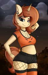 Size: 1298x2026 | Tagged: safe, artist:andelai, derpibooru import, oc, oc:celice, anthro, unicorn, clothes, female, fishnets, halloween, holiday, image, piercing, png, shirt, shorts, socks, solo, t-shirt, thigh highs, wide hips