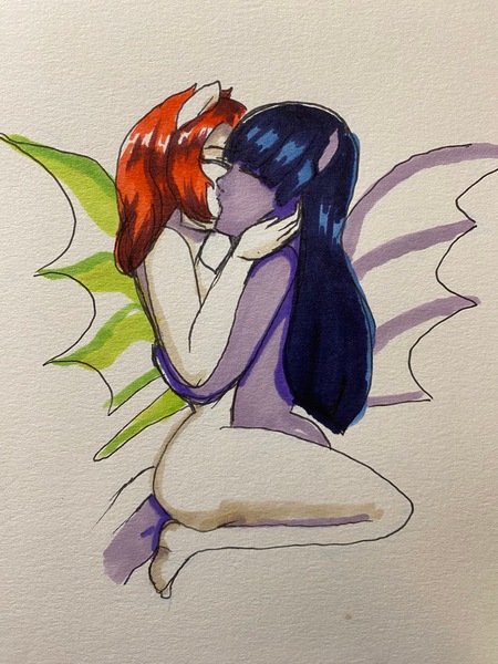 Size: 3024x4032 | Tagged: questionable, artist:tealhikari, derpibooru import, twilight sparkle, twilight sparkle (alicorn), oc, oc:pearl rose, alicorn, human, equestria girls, canon x oc, disguise, disguised siren, fin wings, fins, image, jpeg, kissing, nudity, symmetrical docking, wings