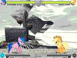 Size: 994x746 | Tagged: safe, artist:tom artista, derpibooru import, applejack, firefly, rainbow dash, earth pony, pegasus, pony, fighting is magic, g1, bipedal, creepypasta, dimension, duo, fan game, female, geometry, image, jpeg, liminal space, mare, new, palette swap, recolor, stage, stranger, the backrooms, weird