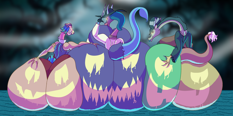 Size: 3772x1883 | Tagged: questionable, artist:jacalope, derpibooru import, discord, princess eris, anthro, draconequus, big breasts, bodypaint, breasts, butt, butt grab, butt squish, butt touch, clothes, costume, eris, female, grope, halloween, halloween costume, holiday, huge breasts, huge butt, image, impossibly large breasts, impossibly large butt, large butt, looking back, png, rule 63, solo, solo female, stars, the cosmos