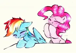 Size: 2390x1671 | Tagged: safe, artist:liaaqila, derpibooru import, pinkie pie, rainbow dash, earth pony, pegasus, pony, duo, image, jpeg, simple background, stifling laughter, traditional art, white background