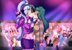 Size: 620x427 | Tagged: safe, artist:thebrokencog, derpibooru import, coloratura, wallflower blush, equestria girls, blushing, blushing profusely, breasts, busty coloratura, busty wallflower blush, cleavage, clothes, crack shipping, crowd, eyeshadow, female, image, kiss on the lips, kissing, lesbian, makeup, microphone, png, shipping, shorts, sweater, veil