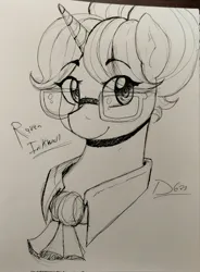 Size: 1510x2048 | Tagged: safe, artist:thelunarmoon, derpibooru import, raven, pony, unicorn, ascot, bust, eye clipping through hair, eyebrows, eyebrows visible through hair, female, glasses, grayscale, image, jpeg, looking at you, mare, monochrome, smiling, smiling at you, solo