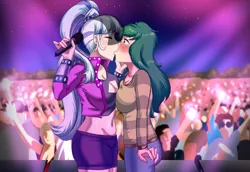 Size: 2975x2048 | Tagged: safe, artist:thebrokencog, derpibooru import, coloratura, wallflower blush, equestria girls, blushing, blushing profusely, breasts, busty coloratura, busty wallflower blush, cleavage, clothes, crack shipping, crowd, eyeshadow, female, image, kiss on the lips, kissing, lesbian, makeup, microphone, png, shipping, shorts, sweater, veil