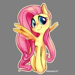 Size: 1919x1919 | Tagged: safe, artist:smeevel27, derpibooru import, fluttershy, pegasus, pony, blushing, cute, female, gray background, image, looking at you, mare, png, shyabetes, signature, simple background, smiling, smiling at you, solo, spread wings, wings