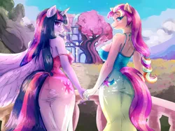 Size: 3200x2400 | Tagged: suggestive, artist:catrinebs, derpibooru import, sunny starscout, tree of harmony, twilight sparkle, alicorn, anthro, earth pony, pony, g5, breasts, butt, curvy, g4, hips, horn, image, makeup, mane stripe sunny, mlp fim's thirteenth anniversary, png, spread wings, sunny and her heroine, unicorn horn, wings, wings down