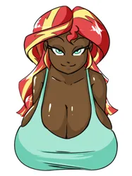 Size: 1070x1434 | Tagged: suggestive, artist:reiduran, edit, sunset shimmer, equestria girls, bedroom eyes, big breasts, breasts, busty sunset shimmer, dark skin, dark-skinned female, downblouse, female, huge breasts, image, impossibly large breasts, looking at you, png, simple background, sketch, skin color edit, smiling, solo, solo female, upscaled