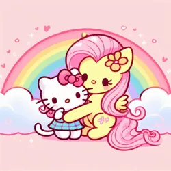 Size: 1024x1024 | Tagged: safe, ai content, derpibooru import, machine learning generated, fluttershy, pegasus, bow, cute, flower, generator:bing image creator, heart, hello kitty, hello kitty (character), hug, image, jpeg, kitty white, pink background, rainbow background, simple background