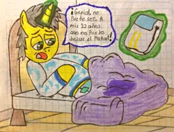 Size: 2820x2146 | Tagged: safe, artist:bitter sweetness, derpibooru import, oc, oc:bitter sweetness, unofficial characters only, pony, abdl, adult foal, bed, blanket, clothes, diaper, diaper fetish, fetish, glow, glowing horn, graph paper, green eyes, horn, image, laying on bed, levitation, lying down, magic, male, mattress, non-baby in diaper, on bed, open mouth, png, spanish, spanish description, spanish text, speech bubble, stallion, stallion oc, telekinesis, traditional art, translated in the description, wet the bed, wooden floor