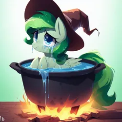Size: 1024x1024 | Tagged: grimdark, derpibooru import, machine learning generated, oc, pony, ai content, cooking pot, crying, female, fire, generator:dall-e 3, hat, image, mare, png, water