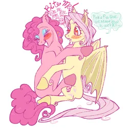 Size: 2048x2048 | Tagged: safe, artist:universalheart, derpibooru import, fluttershy, pinkie pie, bat pony, earth pony, pony, bat ponified, butt blush, dialogue, eyes closed, female, flutterbat, flutterpie, image, lesbian, mare, png, race swap, shipping, simple background, sitting, smiling, white background