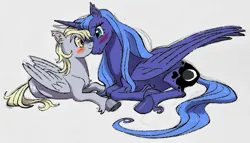 Size: 2048x1170 | Tagged: safe, artist:universalheart, derpibooru import, derpy hooves, princess luna, alicorn, earth pony, pony, blush sticker, blushing, female, folded wings, gray background, image, large wings, lesbian, looking at each other, looking at someone, lying down, png, prone, ship:lunaderp, shipping, simple background, wings