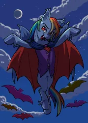 Size: 1000x1400 | Tagged: safe, artist:universalheart, derpibooru import, rainbow dash, bat, pony, undead, vampire, vampony, bite mark, cape, clothes, crescent moon, fangs, female, halloween, holiday, image, mare, moon, open mouth, open smile, png, smiling, solo, spread hooves