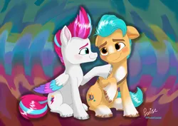 Size: 4961x3508 | Tagged: safe, artist:praisecastiel, derpibooru import, hitch trailblazer, zipp storm, earth pony, pegasus, pony, g5, abstract background, absurd resolution, blushing, duo, duo male and female, female, hitchzipp, image, looking at each other, looking at someone, male, mare, png, shipping, sitting, stallion, straight