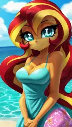 Size: 512x896 | Tagged: safe, derpibooru import, machine learning generated, sunset shimmer, equestria girls, ai content, beach, beautiful, beautisexy, bedroom eyes, breasts, cleavage, cute, image, jpeg, looking at you, prompter:sapphire, summer dress