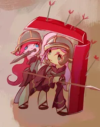 Size: 1000x1267 | Tagged: safe, artist:solid shrimp, derpibooru import, fluttershy, pinkie pie, earth pony, pegasus, pony, arrow, duo, female, hoof hold, image, jpeg, mare, mouth hold, pinktober, roman, shield, soldier, spear, sword, weapon