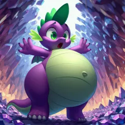 Size: 4096x4096 | Tagged: suggestive, derpibooru import, machine learning generated, spike, dragon, ai content, belly, big belly, fat, fat spike, gem, generator:bing image creator, huge belly, image, jpeg, male, prompter:tgut, solo, stuffed