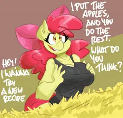 Size: 2500x2404 | Tagged: suggestive, artist:flutterthrash, derpibooru import, apple bloom, anthro, earth pony, bow, breast grab, breasts, busty apple bloom, cleavage, clothes, dialogue, female, grope, hair bow, hay, image, jpeg, older, older apple bloom, open mouth, sleeveless, solo, tanktop