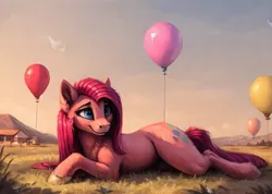 Size: 1024x728 | Tagged: safe, derpibooru import, machine learning generated, stable diffusion, pinkie pie, ai content, balloon, cute, cuteamena, generator:easyfluff v11.2, grass, grass field, happy, image, outdoors, pinkamena diane pie, png, sky, smiling