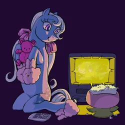 Size: 2048x2048 | Tagged: safe, artist:universalheart, derpibooru import, moondancer (g3), earth pony, pony, g3, bunny slippers, clothes, female, food, image, looking back, mare, plushie, png, popcorn, slippers, smiling, solo, teddy bear, television
