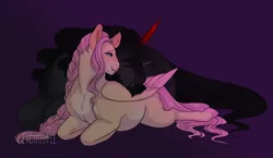 Size: 2000x1156 | Tagged: safe, artist:lesghostie, derpibooru import, fluttershy, king sombra, pegasus, pony, unicorn, colored wings, colored wingtips, cuddling, cute, cute little fangs, fangs, female, image, male, mare, png, preggoshy, pregnant, purple background, shipping, simple background, sombrashy, stallion, straight, turned head, wings