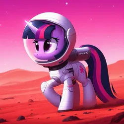 Size: 1261x1261 | Tagged: safe, derpibooru import, machine learning generated, twilight sparkle, pony, unicorn, ai content, astronaut, female, generator:bing image creator, generator:dall-e 3, image, jpeg, mare, raised hoof, rock, scenery, solo, space, space helmet, spacesuit, spacex, tail, unicorn twilight