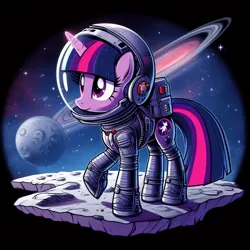 Size: 1024x1024 | Tagged: safe, derpibooru import, machine learning generated, twilight sparkle, pony, unicorn, ai content, astronaut, female, generator:bing image creator, generator:dall-e 3, image, jpeg, mare, raised hoof, rock, scenery, solo, space, space helmet, spacesuit, tail, unicorn twilight