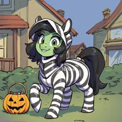 Size: 1024x1024 | Tagged: safe, derpibooru import, machine learning generated, oc, oc:anonfilly, earth pony, pony, ai content, clothes, costume, female, filly, halloween, holiday, image, png, pumpkin, solo, trick or treat