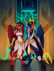 Size: 2457x3241 | Tagged: safe, artist:hakkids2, derpibooru import, oc, oc:glace, oc:glacis, anthro, gryphon, armor, egyptian, image, png, science fiction