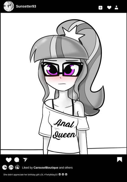 Size: 2124x3036 | Tagged: suggestive, artist:tjpones, derpibooru import, sci-twi, twilight sparkle, human, equestria girls, :|, black and white, clothes, embarrassed, female, grayscale, high res, image, implied sunset shimmer, looking at you, monochrome, neo noir, off shoulder, partial color, png, shirt, simple background, solo, solo female, white background