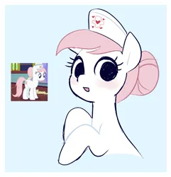 Size: 1001x1038 | Tagged: safe, artist:syrupyyy, derpibooru import, nurse redheart, earth pony, pony, blue background, blushing, bust, female, image, jpeg, light blue background, looking at you, mare, open mouth, open smile, screencap reference, simple background, smiling, smiling at you, solo