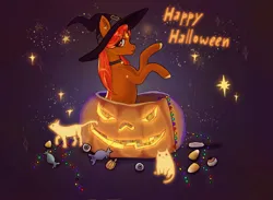 Size: 1920x1408 | Tagged: safe, artist:soudooku, derpibooru import, oc, cat, earth pony, pony, candy, commission, food, halloween, hat, holiday, image, png, pumpkin, slot, solo, sparkles, witch, witch hat