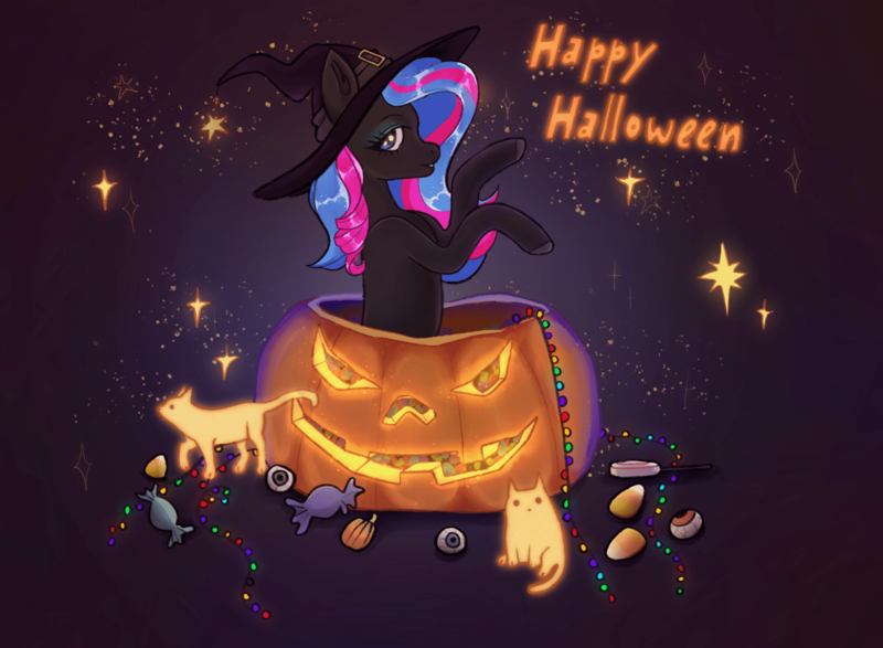 Size: 1920x1408 | Tagged: safe, artist:soudooku, derpibooru import, cat, earth pony, pony, candy, commission, food, halloween, hat, holiday, image, png, pumpkin, slot, solo, sparkles, sweets, witch, witch hat