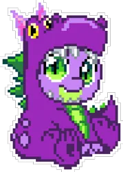 Size: 480x670 | Tagged: safe, artist:epicvon, derpibooru import, spike, dragon, clothes, costume, dragon costume, image, looking at you, male, manepxls, pixel art, png, pxls.space, simple background, sitting, smiling, smiling at you, solo, transparent background